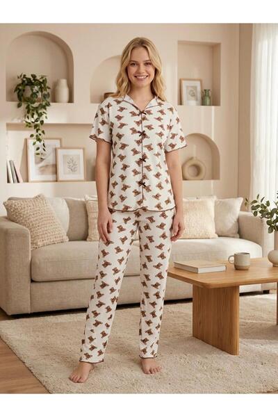 NOCHES PYJAMAS طقم بيجامة نسائي أبيض 100% قطن بأكمام قصيرة وتفاصيل فيونكة