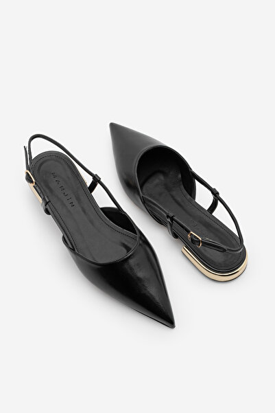 Marjin Kadın Sivri Burun Arkası Açık Atkılı Altın Boyama Ökçe Babet Segos Siyah