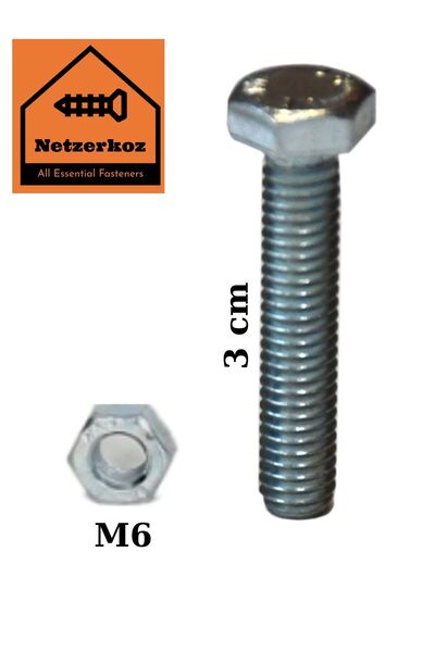 Netzerkoz 1 adet M6x30 Altıgen Cıvata ve M6 Altıgen Somun - Beyaz Galvanizli