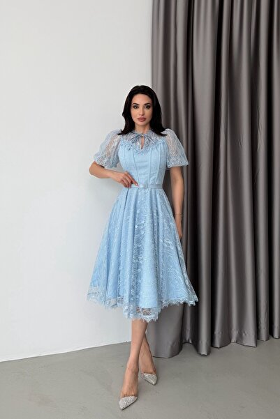 Serica Moda Μπλε βρεφικό φόρεμα με δαντέλα και παγιέτες, κοντομάνικο, μίντι β...