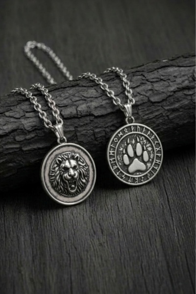AB Takı 2 Pcs Necklace Bear Claw and Lion Design Pendant Fashion Necklace Men...