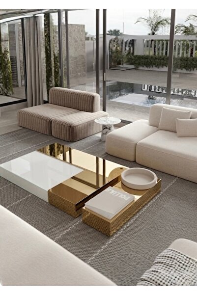 LUXURY VİLLA LUXURY GOLD AYNALI BEYAZ CAMLI DEKORATİF ORTA SEHPA 100X180 YÜKS...