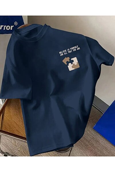 Trend Sizde Unisex Μπλουζάκι σε Μπλε Ναυτικό Χρώμα με στάμπα  "Πιστέψτε στον ...