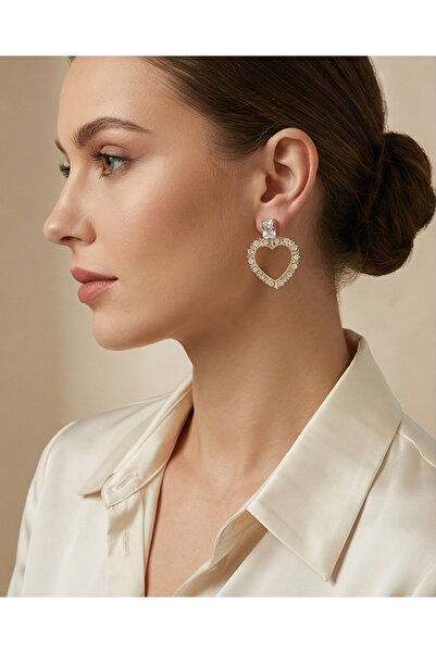 XUPING JEWELRY أقراط على شكل قلب بتفاصيل حجرية أنيقة - تصميم ذهبي اللون لامع