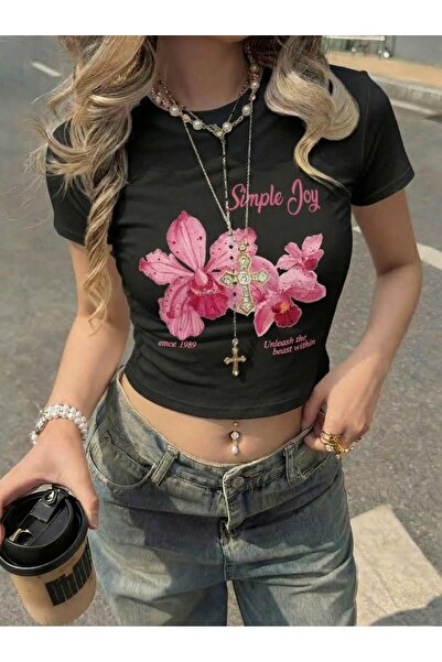 NİCE Women's Black Simple Joy Printed Crew Neck Slim Crop Tshirt