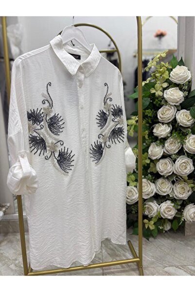 ÜMB taş işlemeli oversize gömlek