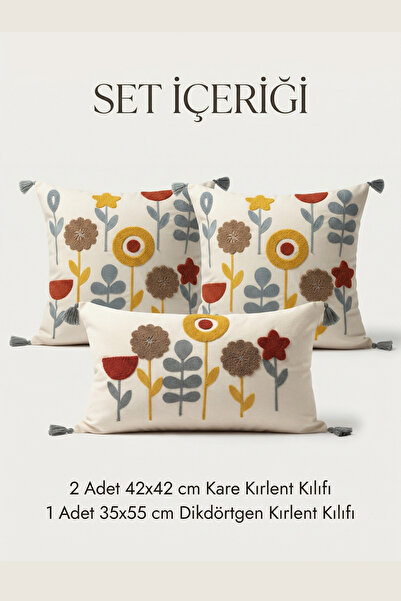 Punch Embroidered Decorative Pillow Set 2 Square 1 Rectangular Pillow Case 3pcs Boho Modern Living Room Set