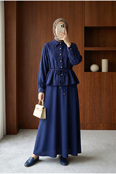 MODAQU Stoned Buttoned Patterned Jacquard Skirt Top and Bottom Set - Navy Blue