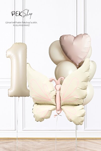 PEKSHOP Retro Krem Kelebek Tema 1 Yaş Doğum Günü Balon Zinciri 1 Yaş Balonlu ...