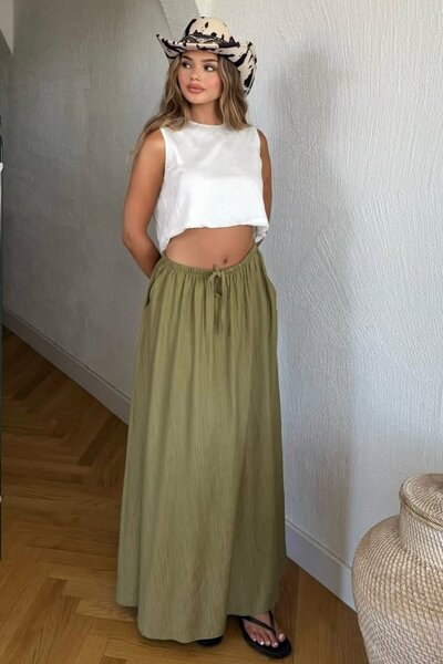 Nana & Mayka Moda Γυναικεία Χακί Μακριά Φούστα με Ελαστική Μέση, Κορδόνια, Μά...