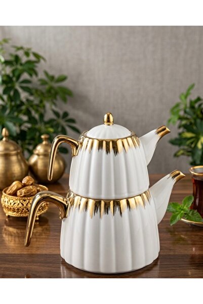 BERENHOMEE Porselen 1. Sınıf gold gümüş detaylı çaydanlık seti