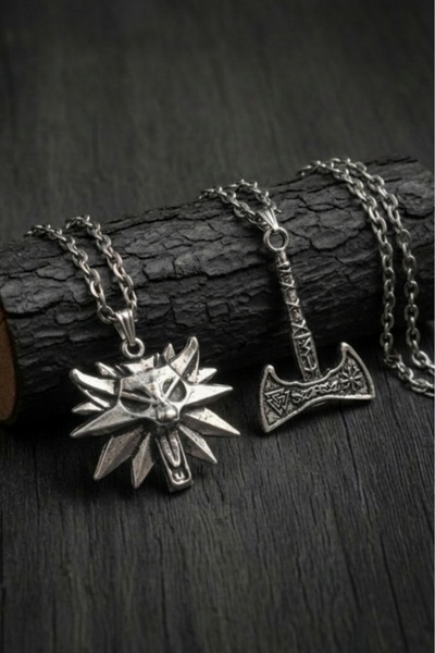 AB Takı 2 Pcs Necklaces Wolf and Nordic Axe Design Pendant Fashion Necklace M...