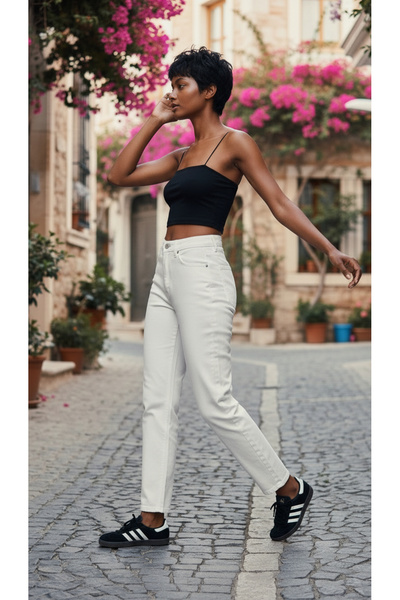 geenz manifacture Blugi Mom cu talie super înaltă Regalo White Lycra Karyıkama