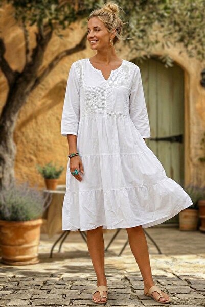 Chiccy Ιταλικό Λευκό Φόρεμα με Γιακά 3/4 Μανίκια, Βολάν, Δαντέλα, Βαμβακερό, ...