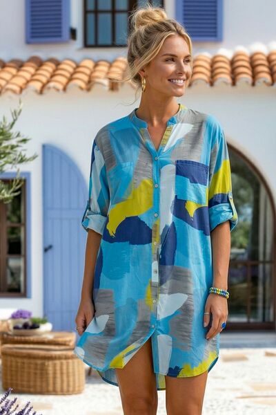 Chiccy Ιταλικό Τυρκουάζ-Λεμονί φόρεμα με κουμπιά στο γιακά, μακρυμάνικο, με δ...