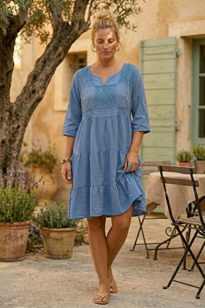 Chiccy Ιταλικό μπλε βρετανικό φόρεμα με γιακά, μανίκια 3/4, βολάν, δαντέλα, β...