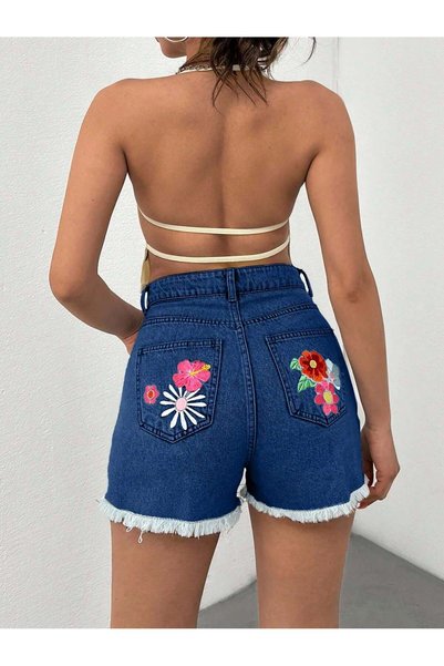 circle Women's Navy Blue High Waist Floral Embroidered Tassel Detailed Denim Shorts