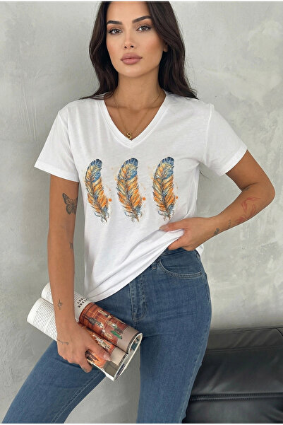 MetuCA Women's White V-Neck Cotton T-Shirt with Triple Feather Pattern and Gl...