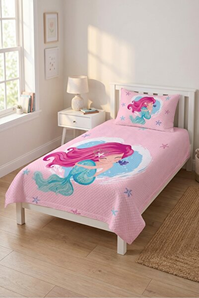 Evmila Denizkızı Yıldızlı Masalsı Çocuk Pike Takımı-Okyanus Tema Modern Pembe...