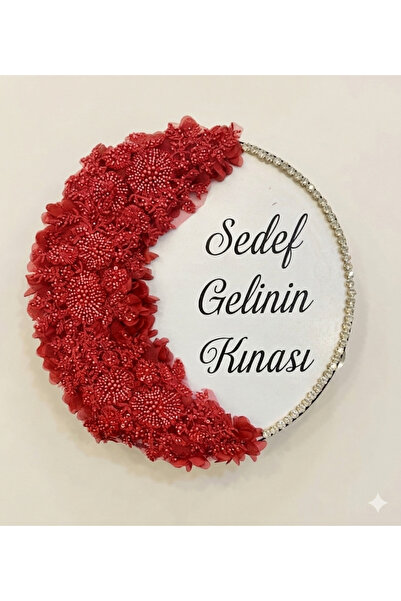 Elriya İsme Özel Gelin Tefi Yarım Ay Üç Boyutlu Çiçekli, Dantel Boncuk İşleme...
