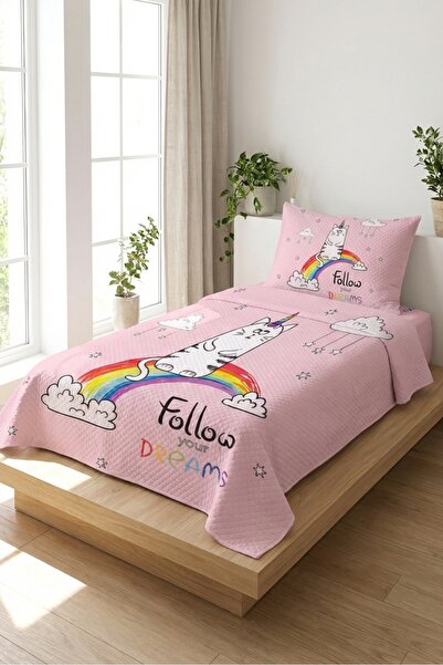 Evmila Unicorn Gökkuşağı Bulutlu Pembe Genç Pike Takımı-Fantastik Rüya Modern...