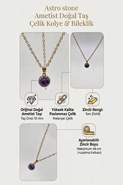 astro stone Kadın Gold Renk Çelik Zincirli Doğal Ametist Taşı Kolye - Ayarlan...