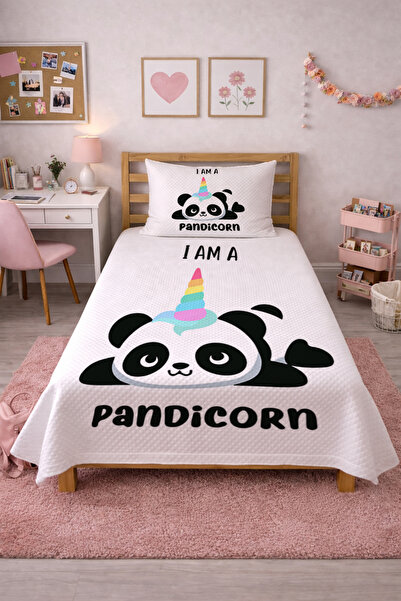 Evmila Sevimli Panda Unicorn Tek Kişilik Pike Takımı-Masal Dünyası İskandinav...