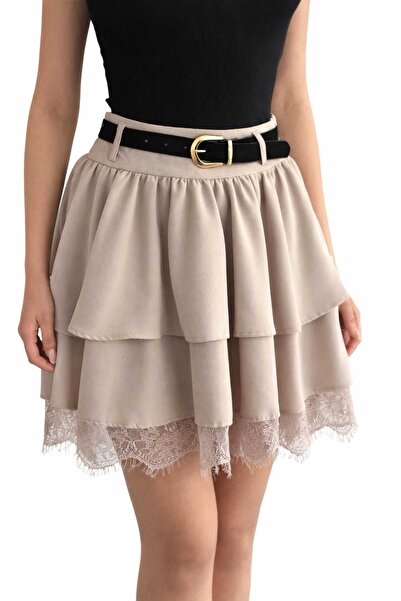 lubiti Lace Detailed Belted Imported Crepe Fabric Mini Skirt