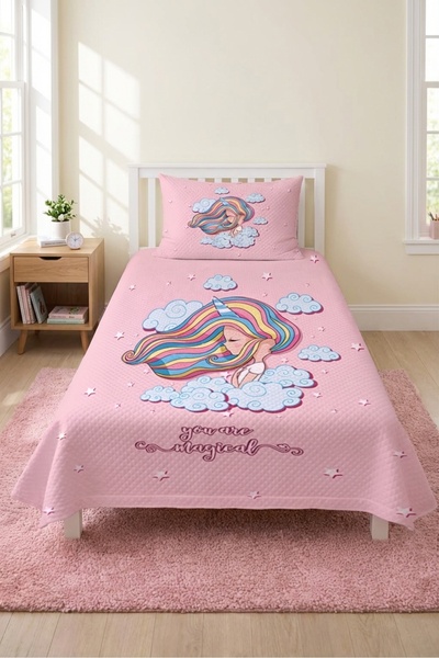 Evmila Set cuvertură de pat matlasată pentru copii cu model curcubeu unicorn ...
