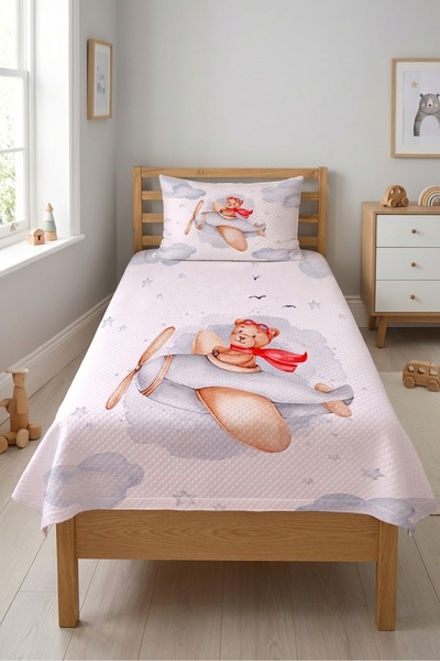 Evmila Σετ Πικέ για Μονό Κρεβάτι με Αεροπλάνο και Αρκουδάκι - Καπιτονέ Κάλυμμ...