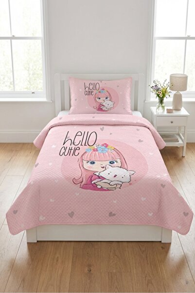 Evmila Χαριτωμένο ροζ σετ πικέ με καρδιές - Μοντέρνο καπιτονέ κάλυμμα κρεβατι...