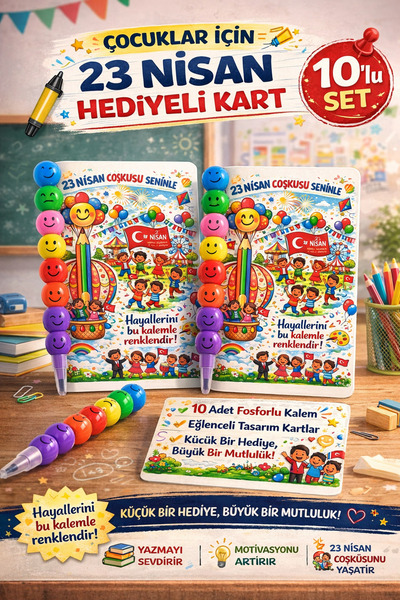 Anime Marketi Emojili Fosforlu Yumurtlayan Kalemli 23 Nisan Hediyesi 10'lu Mo...