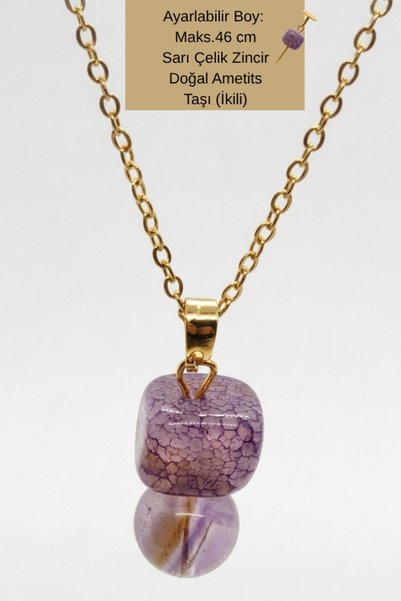 astro stone Women's Gold Color Steel Chain Double Natural Amethyst Stone Necklace - Adjustable 46 cm