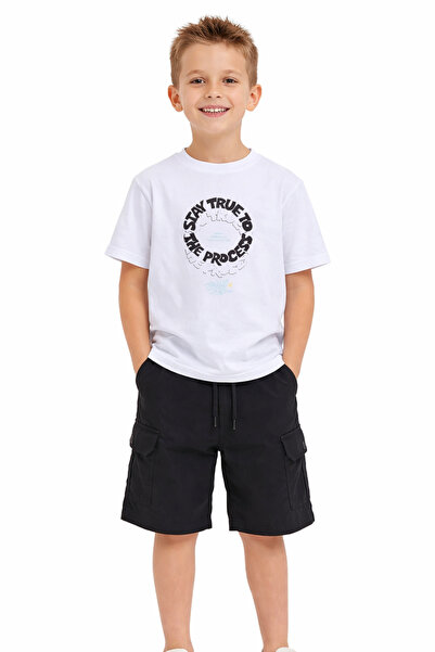 İrem Çocuk Giyim Boy's Stay True T-Shirt with Text on the Front and Back, Whi...