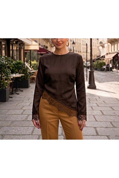 Butik Asimetrik Kesim Dantelli Saten Bluz