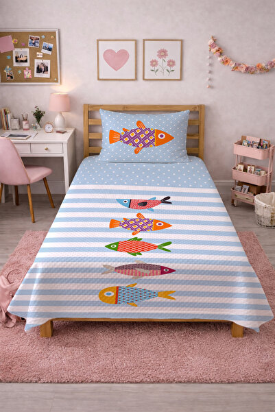 Evmila Σετ Νεανικού Πικέ με Σχέδιο Ψαριών και Ρίγες-Πολύχρωμο Διακοσμητικό Κά...