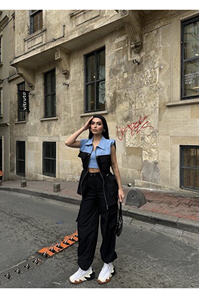 YVONNE Kırışık Paraşüt Garnili Denim Yelek
