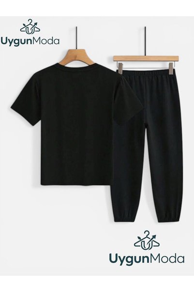 tombix Balance Line Printed T-Shirt and Sweatpants (Sweatpants with Pockets) Children's Top and Bottom Set