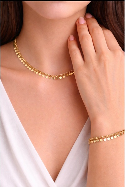VEGALUXE Gold Renk Pullu Kadın Kolye Ve Bileklik Set Çelik Kararmaz Kolye 45 ...