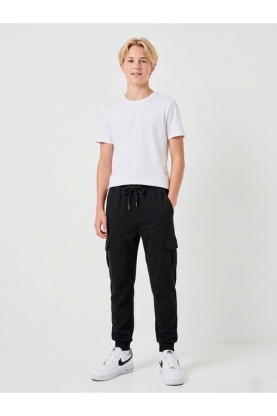 Enie Αγορίστικο μαύρο παντελόνι φόρμας Jogger με τσέπες Cargo