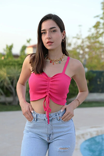 VELİZADE Γυναικείο Φούξια Πλεκτό Μπουστιέ με Λαιμόκοψη Καρδιά, Λουράκι και Σο...