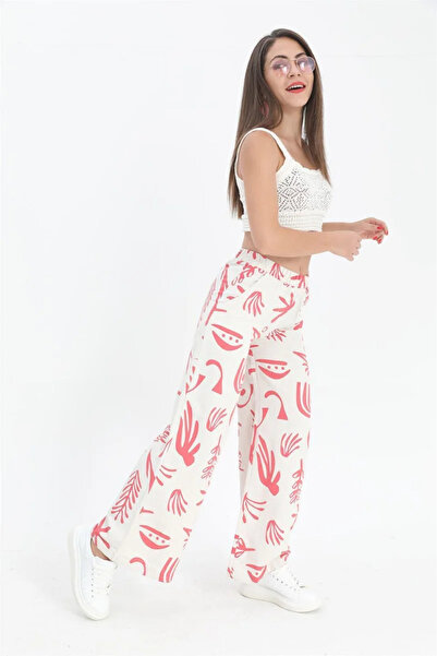 VELİZADE Γυναικείο ψηλόμεσο φαρδύ λινό παντελόνι με ελαστική μέση και φλοράλ ...