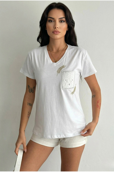 MetuCA Women's White V-Neck Cotton T-Shirt with Pocket Detail, Scallop Embroi...