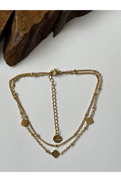 Rupen Kraft Floral Detailed Dorical Steel Anklet Double Chain Steel Anklet