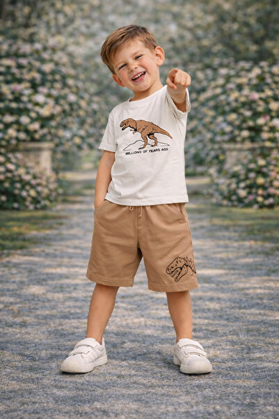 kahkaha kids Σετ μπλουζάκι και σορτς για αγόρια με στάμπα δεινοσαύρων, μπεζ κ...