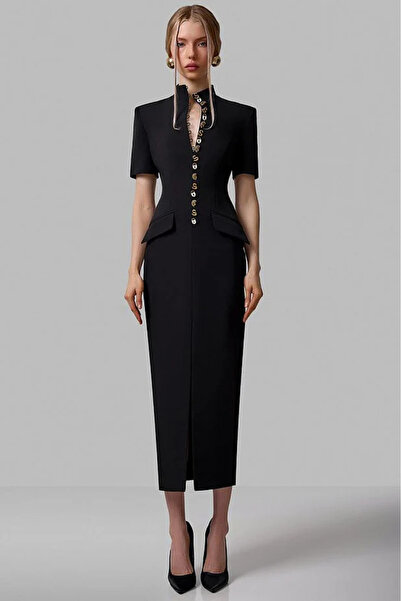 Julidress Μαύρο φόρεμα με χρυσά κουμπιά, λεπτομερές σχέδιο V-λαιμόκοψης, σκίσ...