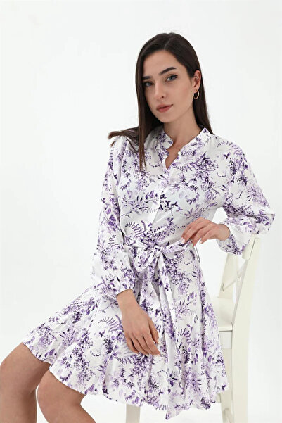 VELİZADE Γυναικεία λιλά φλοράλ φούστα με βολάν, μίνι φόρεμα πουκάμισο από βισ...