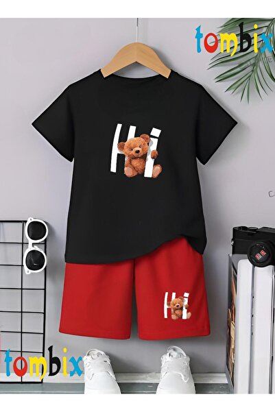 tombix Hi Bear Printed T-Shirt Shorts Summer Children's Set