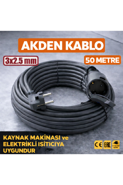 AKDEN Kablo 50 Metre 3x2,5mm Uzatma Kablosu Tam Kesit Kaynak Makinası Kullanı...