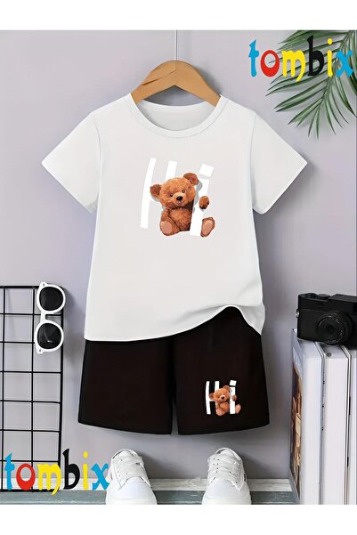 tombix Hi Bear Printed T-Shirt Shorts Summer Children's Set